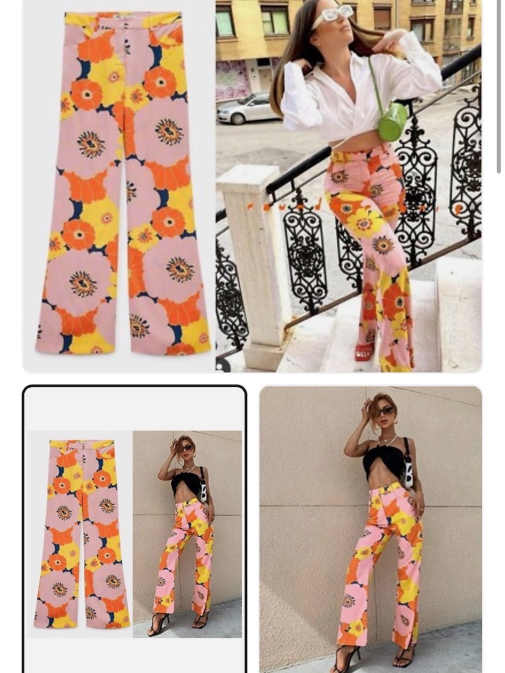 Zara Pink Floral Wide-Leg Trousers with Orange & Yellow Blooms